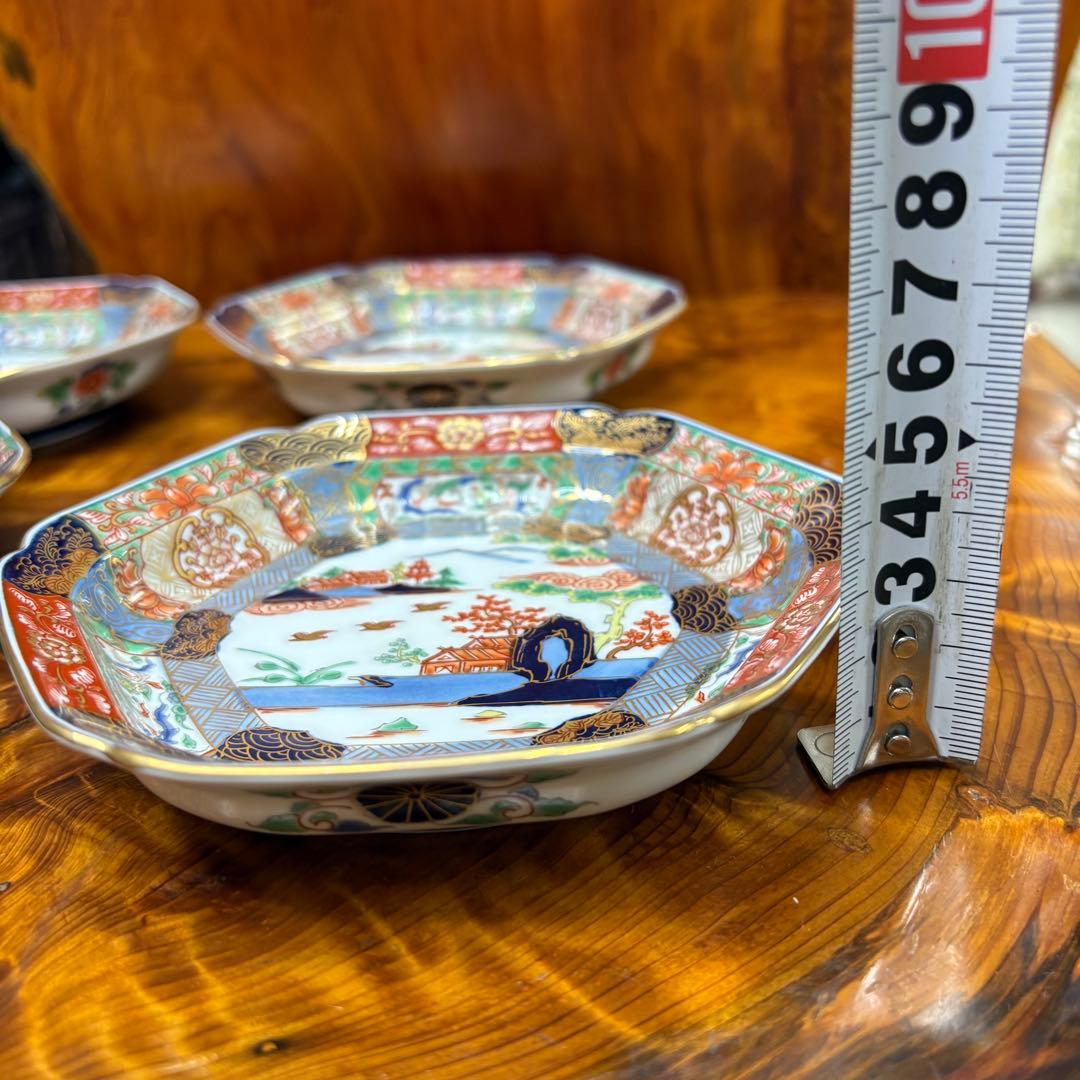 有田焼 皿 小皿 幸楽窯　金彩錦絵山水　六角銘々皿 5客