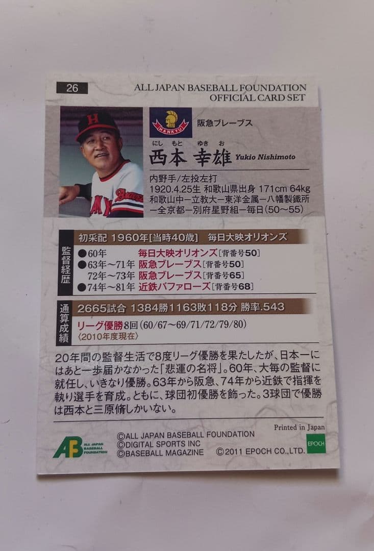 NPBロゴ入り。元阪急近鉄監督。西本幸雄氏直筆サインボール&直筆サインカード