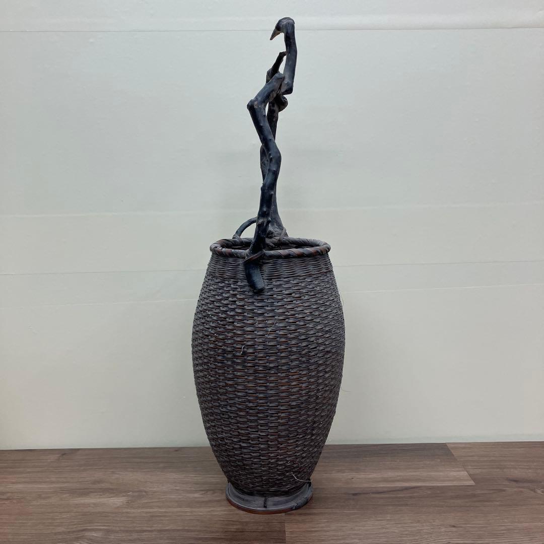 A-3【骨董】天然木ハンドル 竹編み花器 落とし付き 華道 茶道具 飾り籠