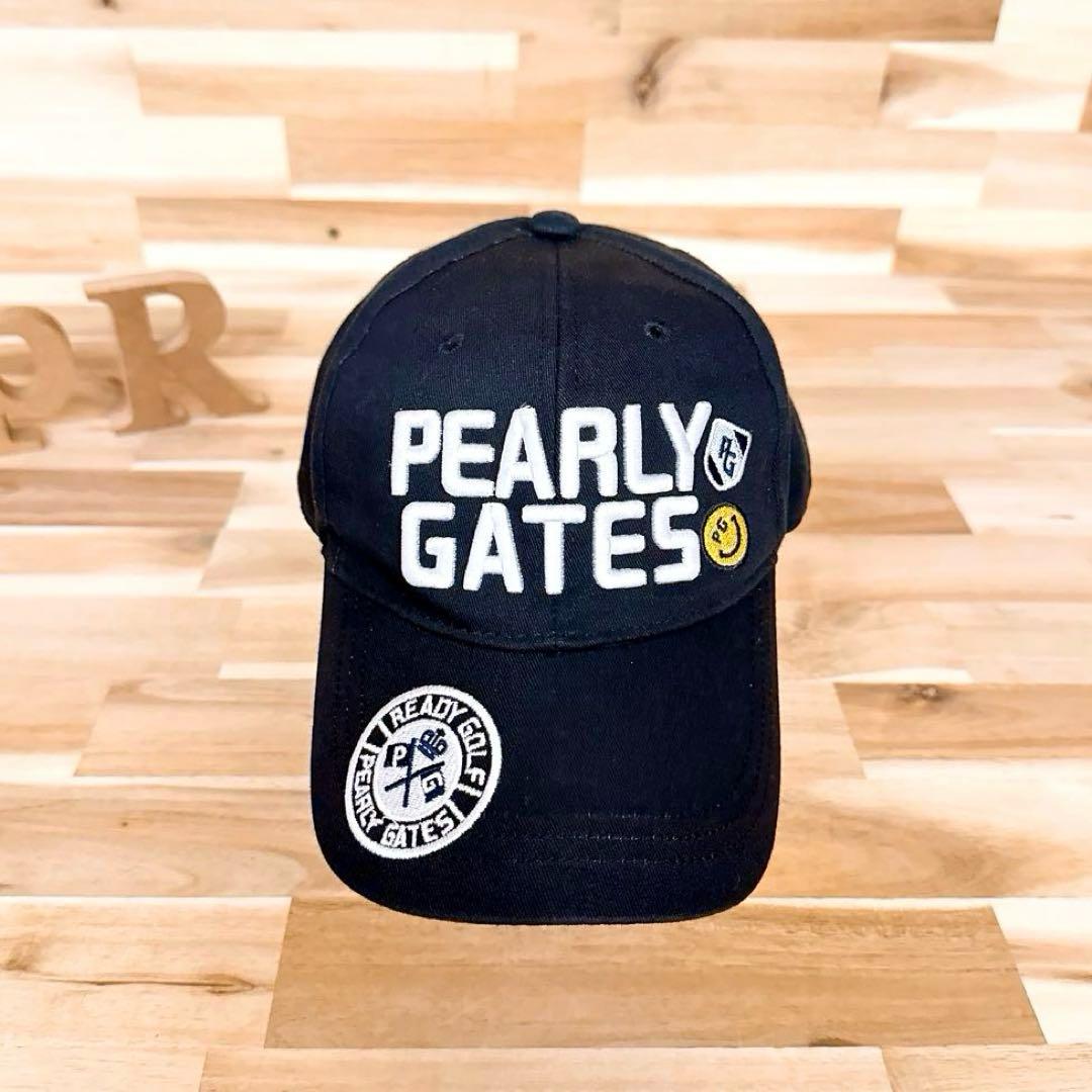 【パーリーゲイツ】ゴルフ 刺繍マルチロゴ キャップ PG スマイリー 黒×白