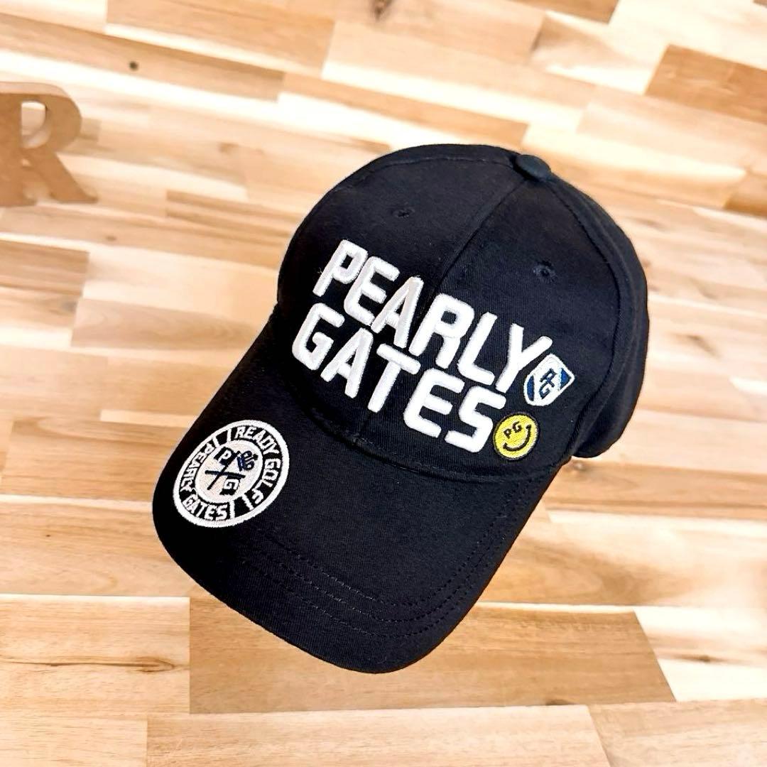 【パーリーゲイツ】ゴルフ 刺繍マルチロゴ キャップ PG スマイリー 黒×白