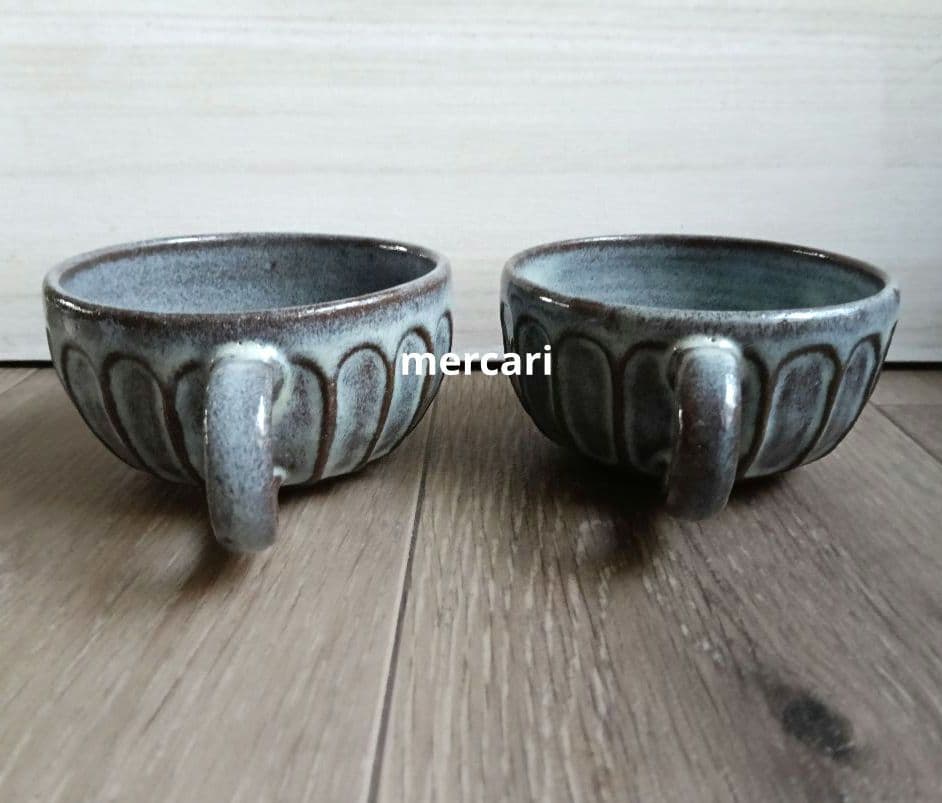 【miyumiyu】新品 作家 陶芸 スープカップ 流し掛×1 薄灰茶×2