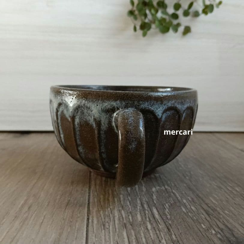 【miyumiyu】新品 作家 陶芸 スープカップ 流し掛×1 薄灰茶×2