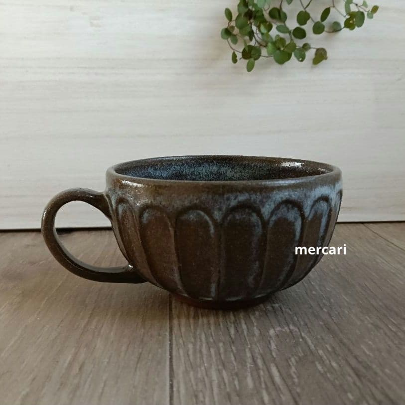 【miyumiyu】新品 作家 陶芸 スープカップ 流し掛×1 薄灰茶×2