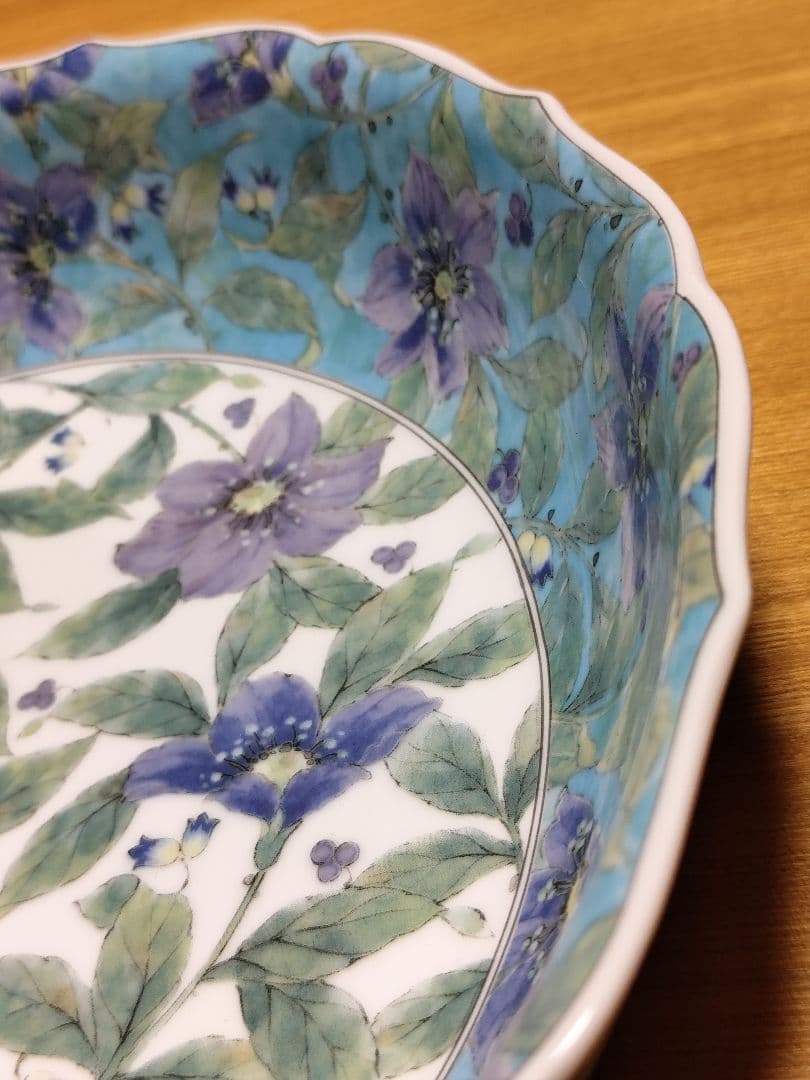 前畑陶器　庫山窯　紫草花　菓子鉢　大鉢　盛鉢　色絵　染付　輪花鉢