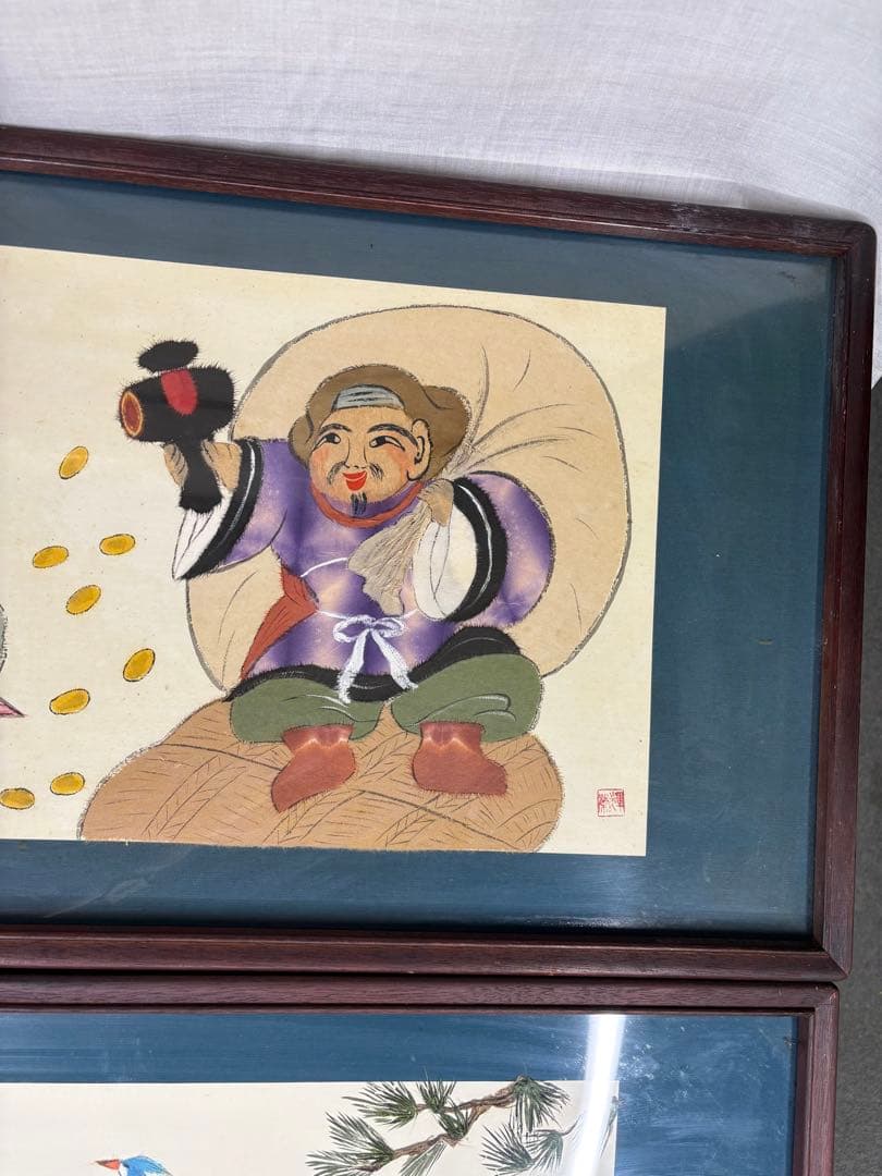 額 絵画 中国美術 骨董 花 鳥 七福神