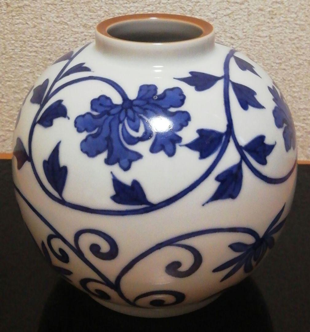 三浦竹泉作　染付　草花図　花入　共箱　共布　花瓶