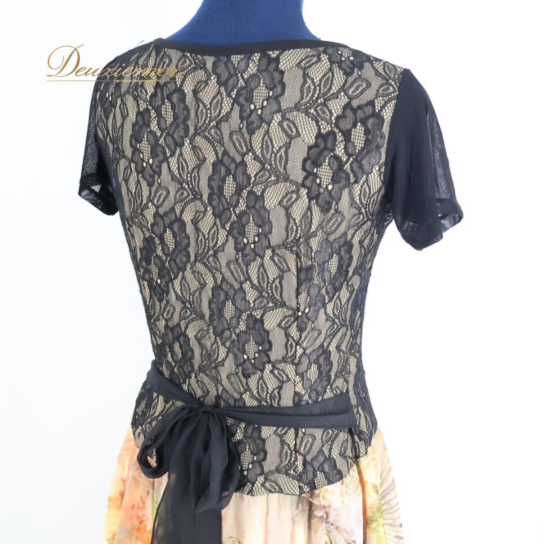【美品 社交ダンス衣装】ブラック オレンジ ワンピース ドレス 黒 花柄 レース