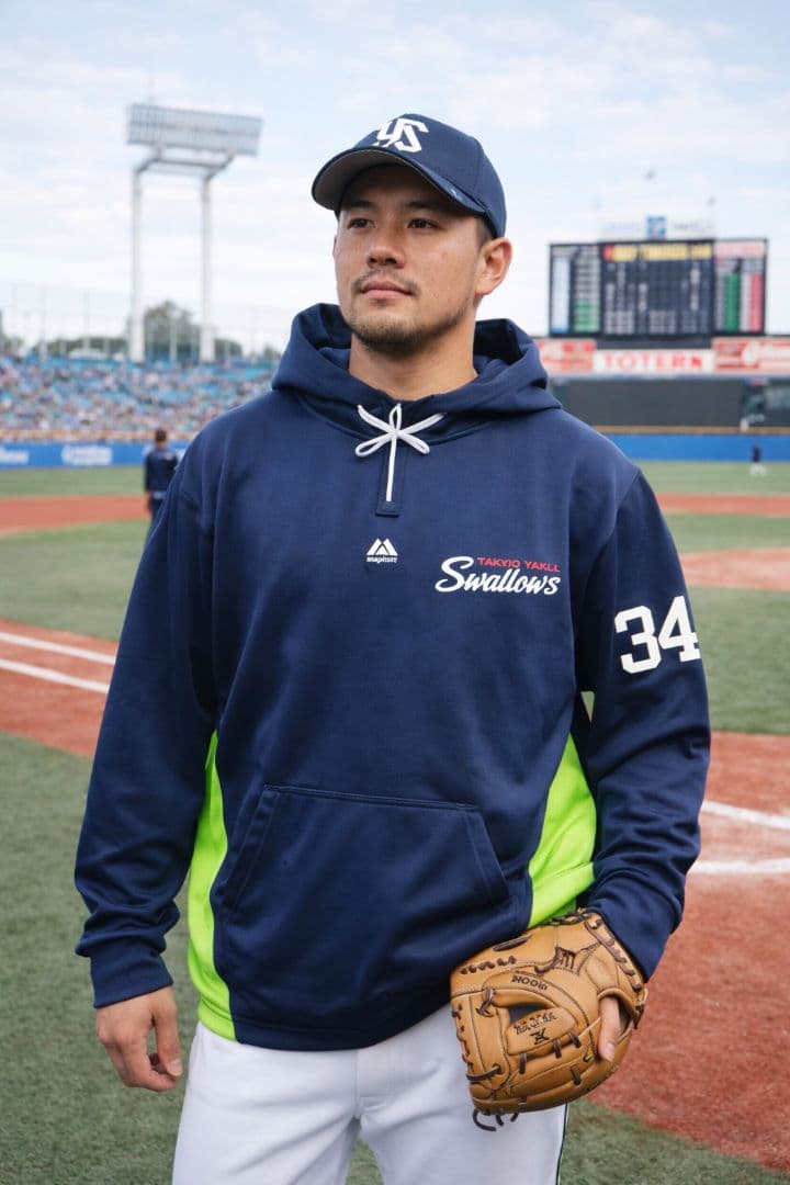 ヤクルトスワローズ Majestic ハーフジップパーカー 支給同仕様 ネイビー
