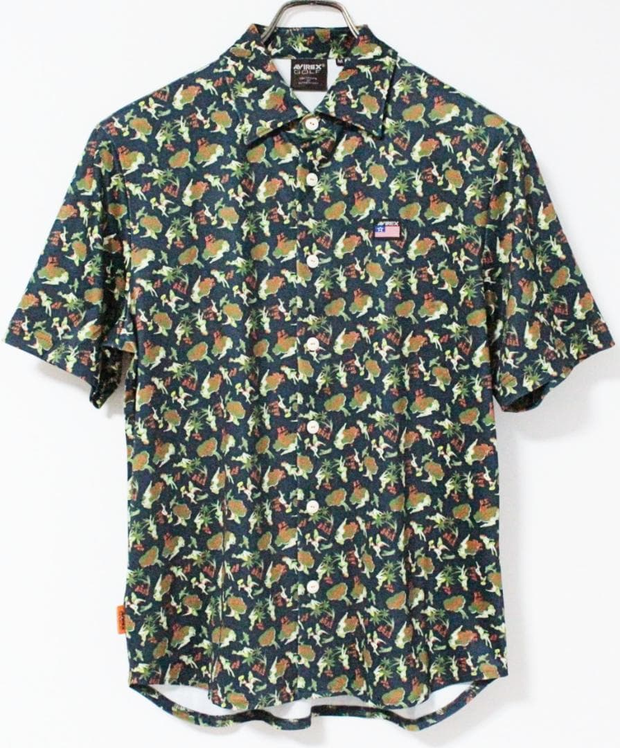 新品 アヴィレックス ゴルフ サマーガール総柄 ストレッチ アロハシャツ L 紺