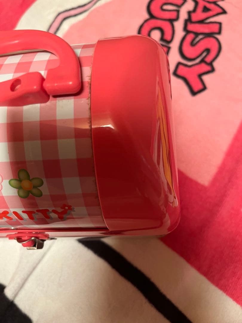 レア　当時物　キティ　ピンク　チェック　カオハナ　さくらんぼ　缶　小物入れ　収納