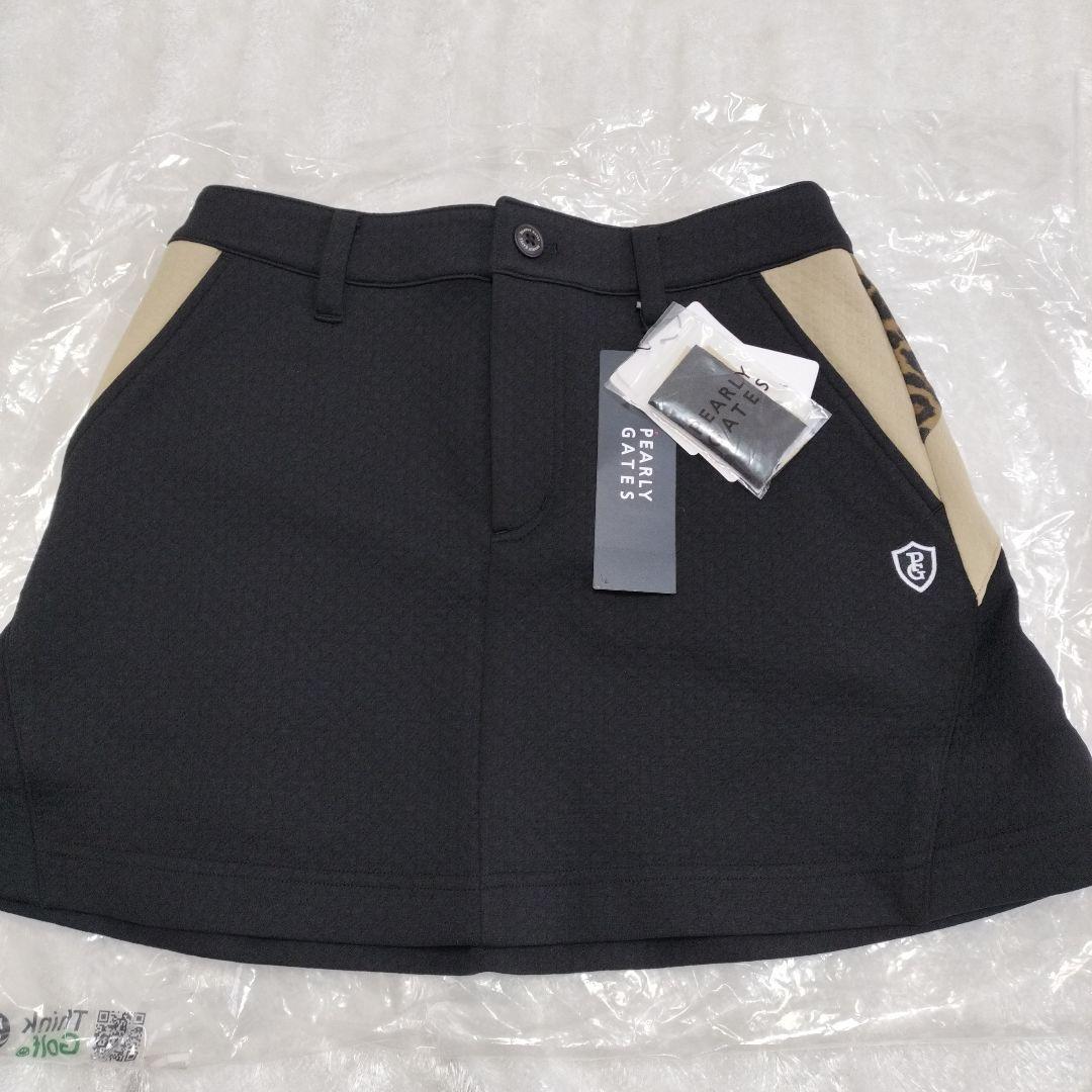 新品パーリーゲイツ ゴルフスカート 黒 ベージュ ヒョウ柄切替０サイズ