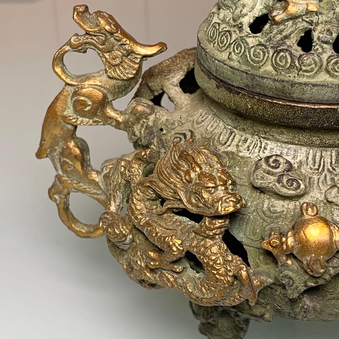 時代物　清国　龍生九子 香炉　青龍中門 四平八穩 鎮座物　神器　純銅保証　青銅器