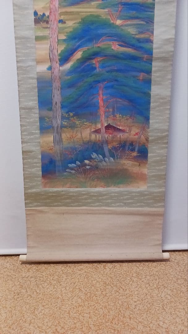 掛軸　肉筆　遠藤教三　青緑風景画　絹本着色　日本画　古美術　骨董