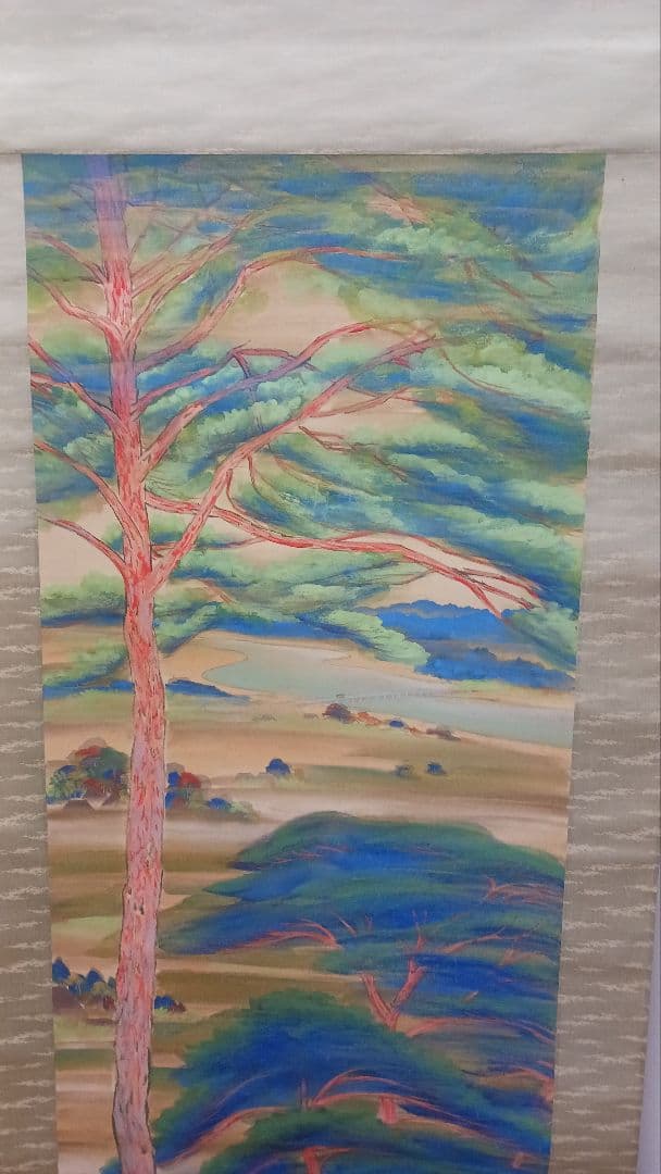 掛軸　肉筆　遠藤教三　青緑風景画　絹本着色　日本画　古美術　骨董