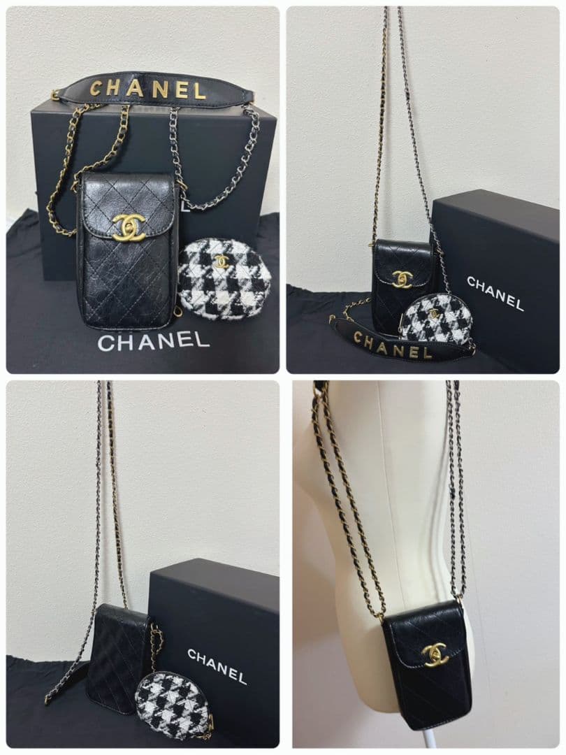 CHANEL 黒 レザー スマホショルダーバッグ
