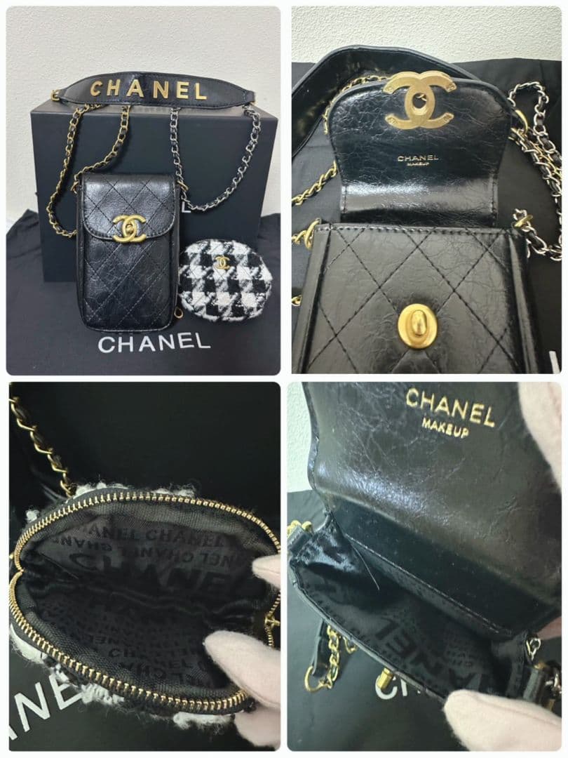 CHANEL 黒 レザー スマホショルダーバッグ