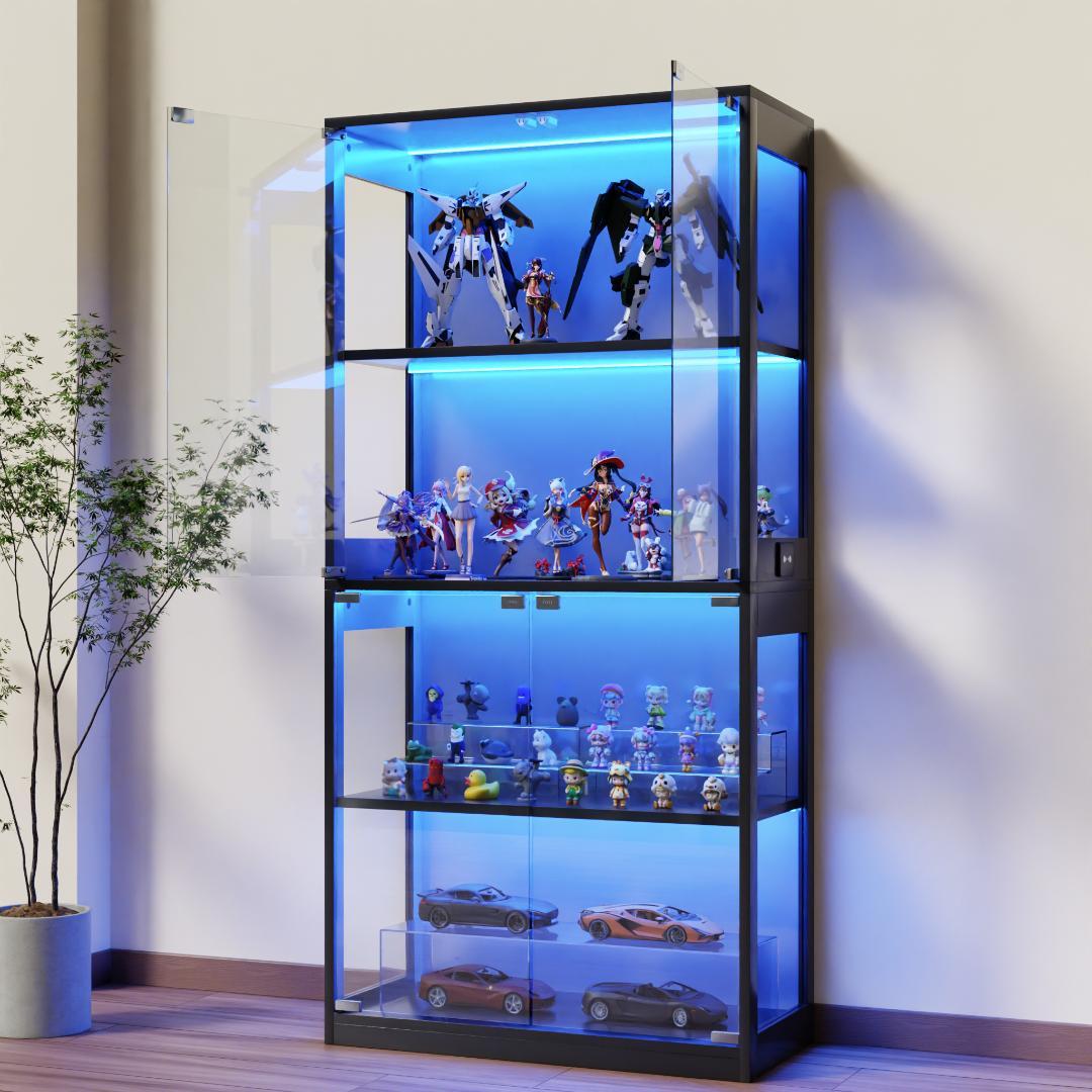 新品幅80×高さ165cm大型ガラスケース LEDライト付き4段両扉 ブラック