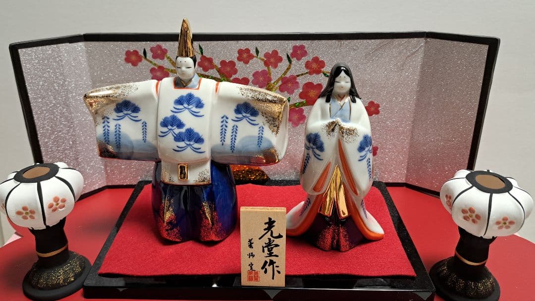 ⑤ひな人形 親王飾り 立ち雛 ぼんぼり、屏風のセット