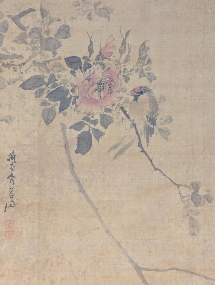 【真作】掛軸　花鳥図　薔薇に小禽　優雅な彩色と筆致が映える一幅　V63