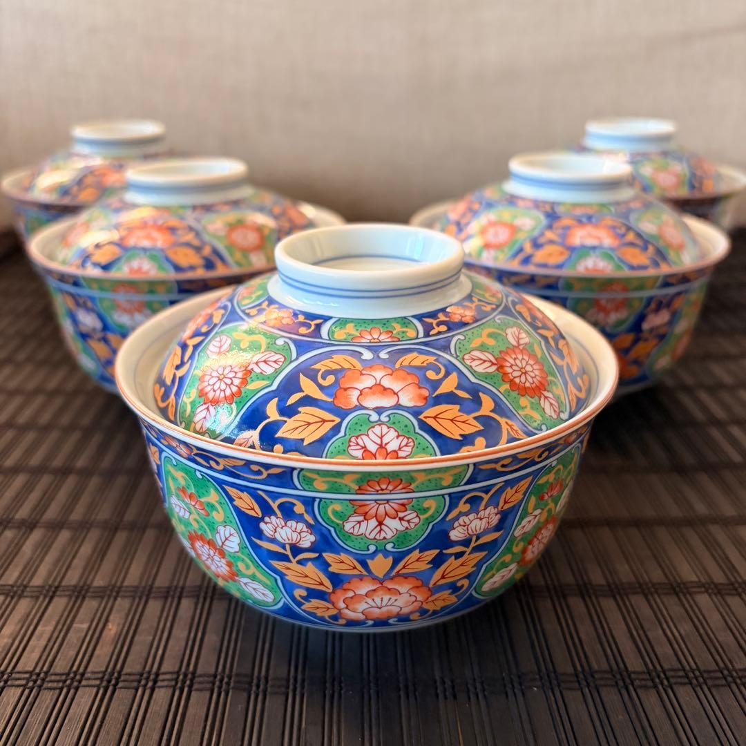 【未使用品】前畑陶器 庫山窯 錦古調 蓋付き 多用椀 雑煮椀 丼椀 飯椀 5客