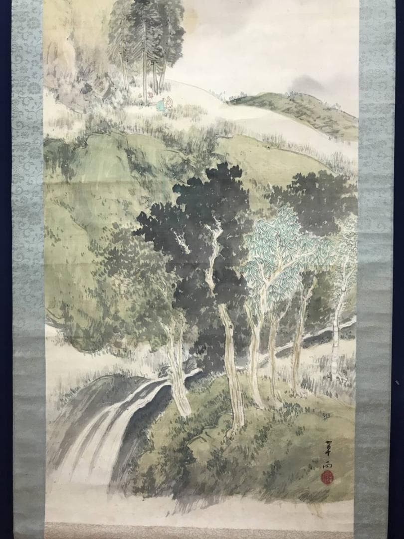 【真作】翠雨/青緑清涼人物図/山水図/人物図/掛軸/名家伝来/AC-260