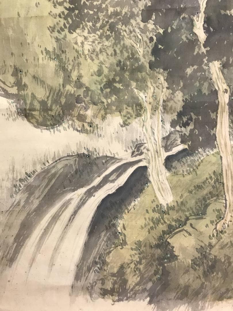 【真作】翠雨/青緑清涼人物図/山水図/人物図/掛軸/名家伝来/AC-260