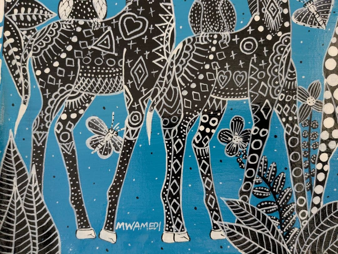 ●アフリカの絵画、ティンガティンガ、キリンの群、ブルー、30×40cm