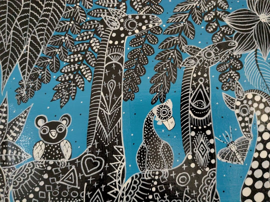 ●アフリカの絵画、ティンガティンガ、キリンの群、ブルー、30×40cm