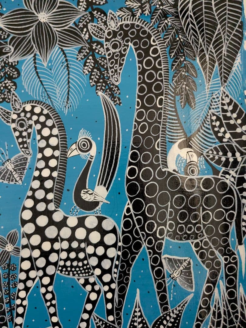 ●アフリカの絵画、ティンガティンガ、キリンの群、ブルー、30×40cm