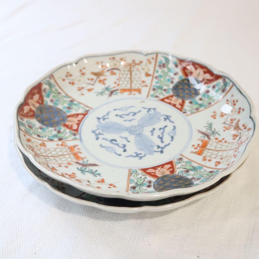 時代色絵伊万里　さわやかな赤絵に梅と鶯鳥籠図七寸皿プレート2枚 骨董