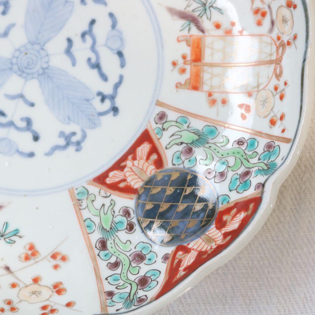 時代色絵伊万里　さわやかな赤絵に梅と鶯鳥籠図七寸皿プレート2枚 骨董
