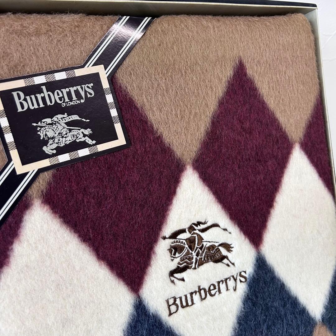 新品 未使用 Burberrys アーガイル柄 純毛毛布 ラム混