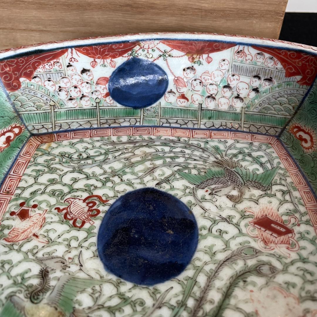 極上 明治 大聖寺伊万里 金襴手 四方鉢 鳳凰唐人図 富貴長春銘 完品 盛鉢