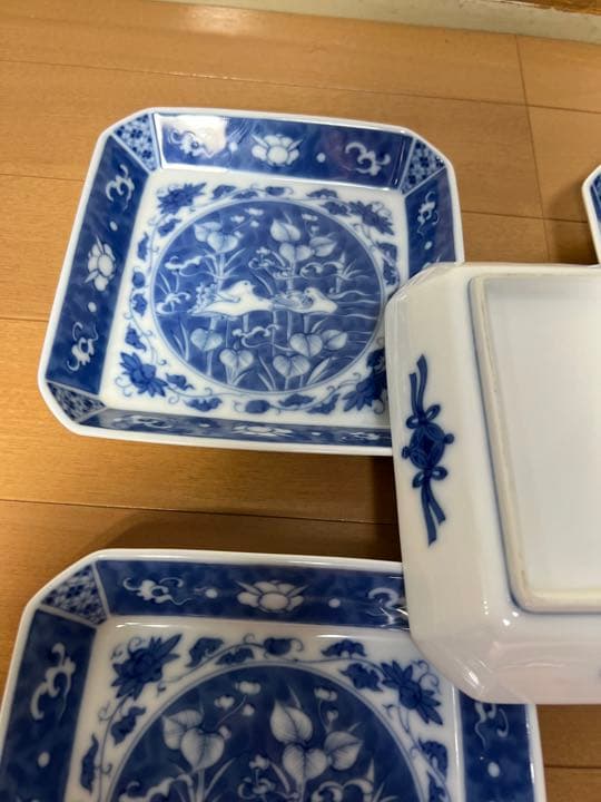 612 深川製磁　時代物　角皿セット 染付オシドリ  5客　古美術品　未使用