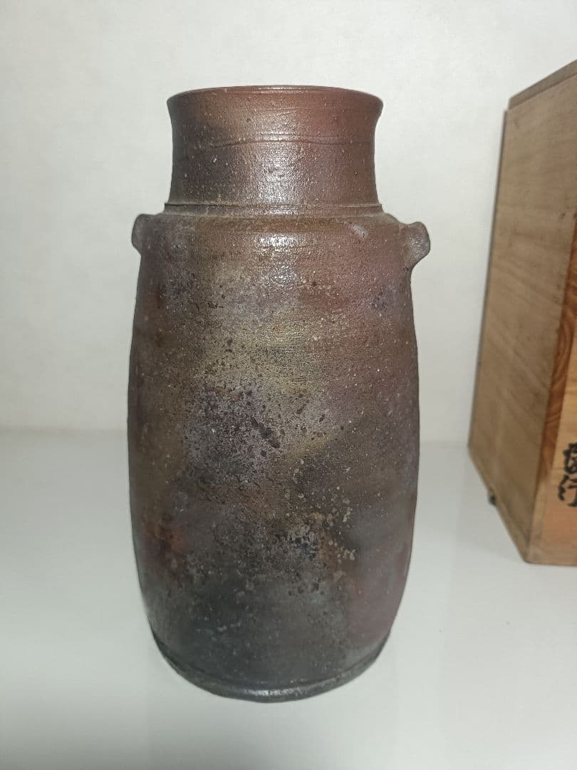 美品　備前焼　花瓶　乗松俊行　作　国指定伝統工芸士　耳付　花器