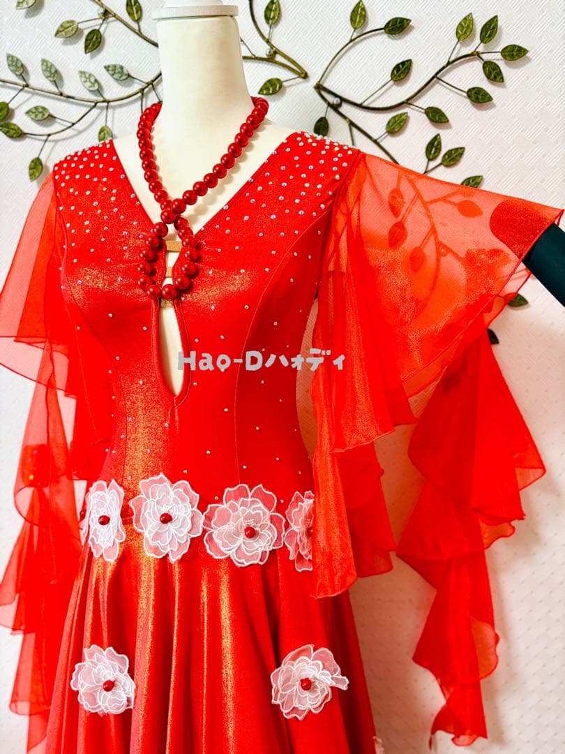 新品★ダンスドレス★スタンダード★社交ダンス★競技会★パーティー★オレンジレッド