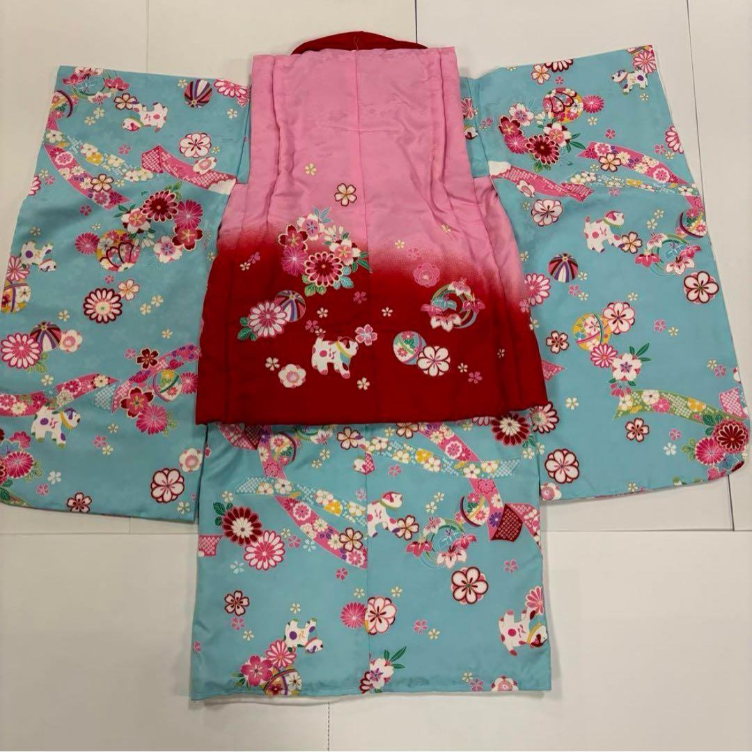 七五三　女の子　はなひめ　水色着物　カラフル　桜　熨斗目　狛犬　新品
