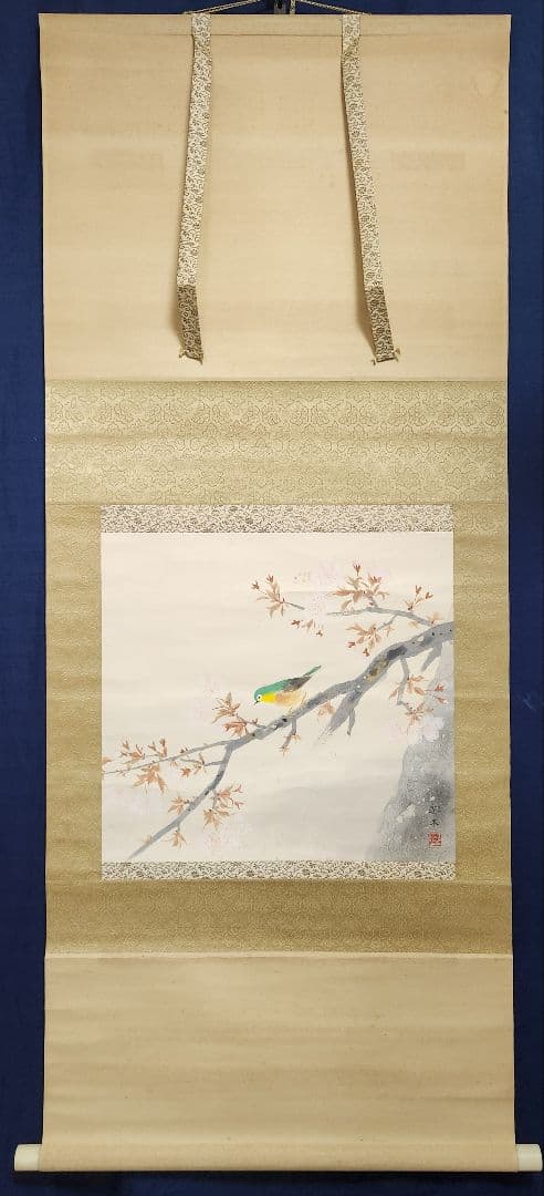【桜花メジロ図】北上聖牛 2657 サクラに目白 春 掛け軸　肉筆