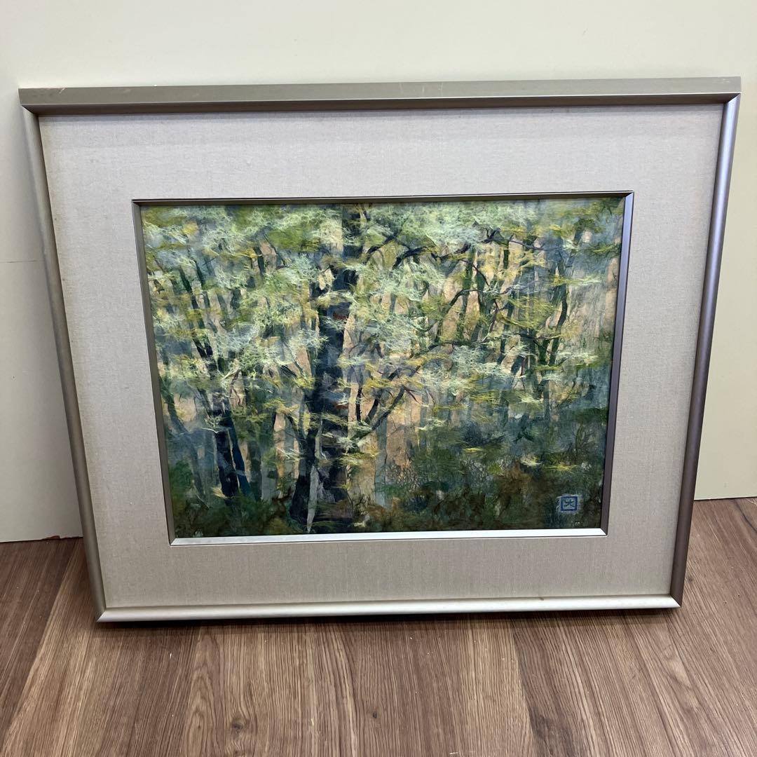 昭和レトロ ちぎり絵 風景画 森 樹木 額装 落款入り 原画 和紙 アート
