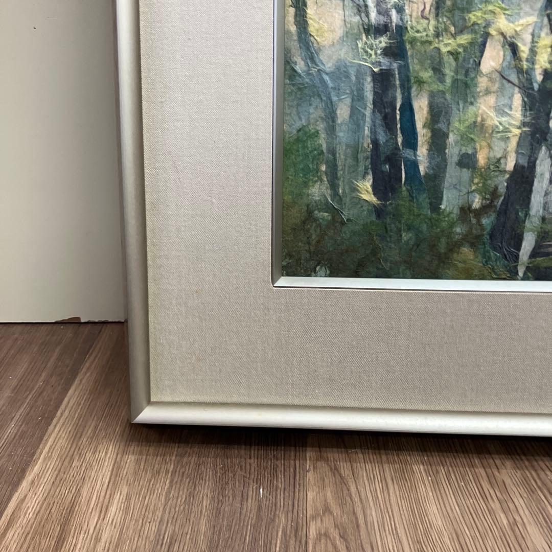 昭和レトロ ちぎり絵 風景画 森 樹木 額装 落款入り 原画 和紙 アート