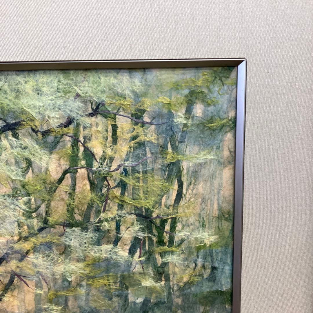 昭和レトロ ちぎり絵 風景画 森 樹木 額装 落款入り 原画 和紙 アート