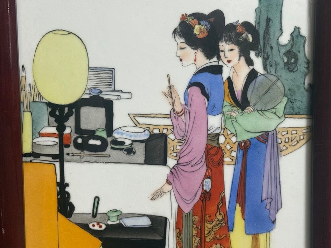 中国　陶板　色絵　人物　額装　送料込み260407