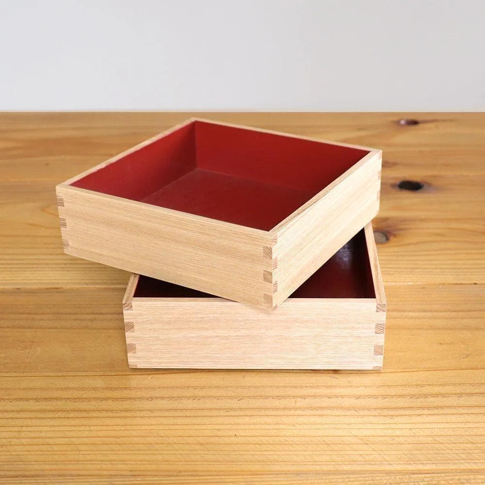 新品 松屋漆器店 白木塗り タモ製6.0寸二段重内朱 6寸 お重 重箱 越前漆器