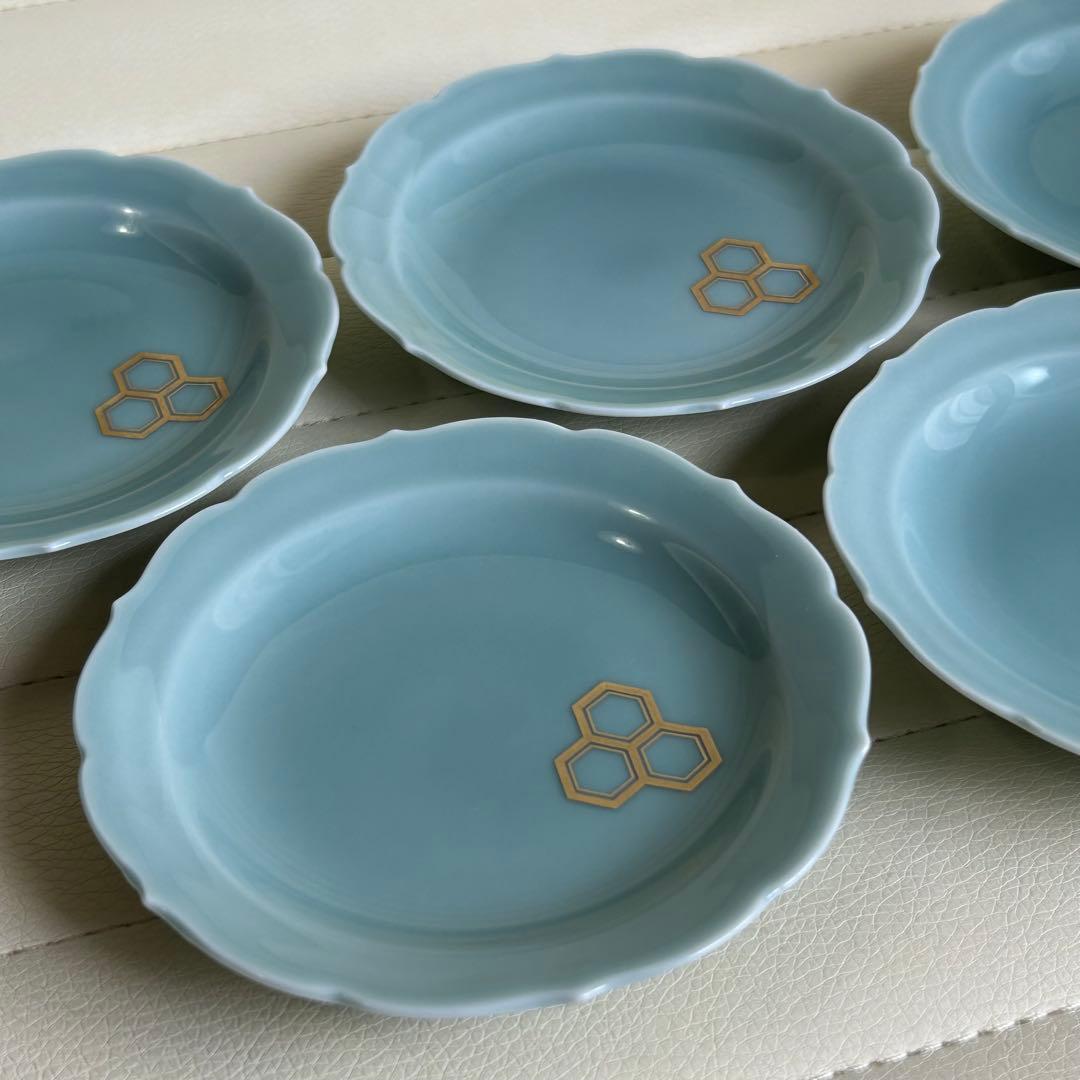 有田焼　深川製磁　青磁　小皿揃　５枚セット　金彩　亀甲紋　輪花皿　和食器　ブルー