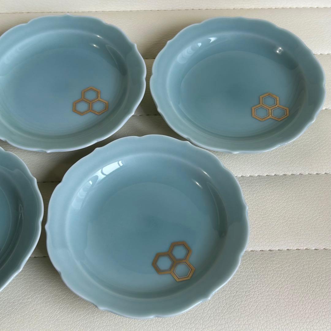 有田焼　深川製磁　青磁　小皿揃　５枚セット　金彩　亀甲紋　輪花皿　和食器　ブルー
