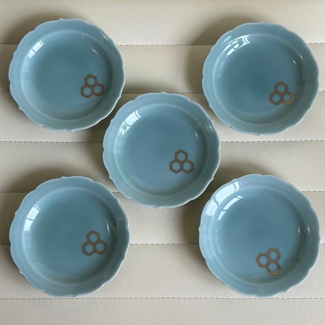 有田焼　深川製磁　青磁　小皿揃　５枚セット　金彩　亀甲紋　輪花皿　和食器　ブルー