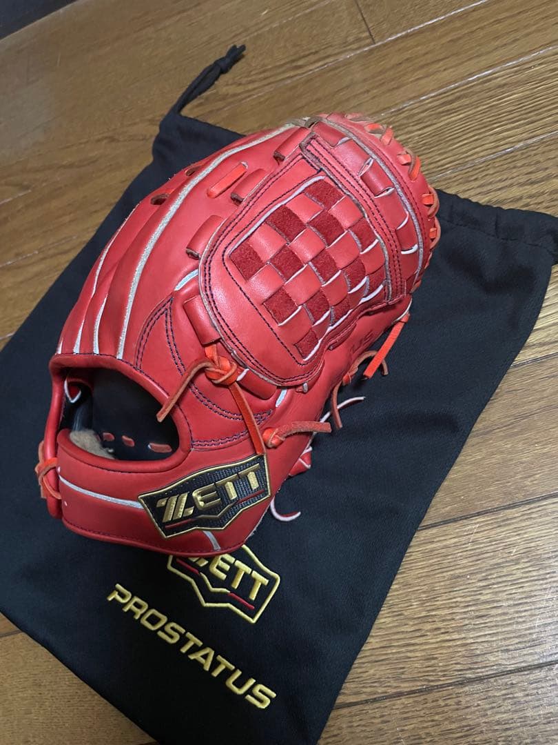 野球 硬式用グローブ ZETT 源田モデル 赤 ほぼ新品 袋付き 手入れ道具付き