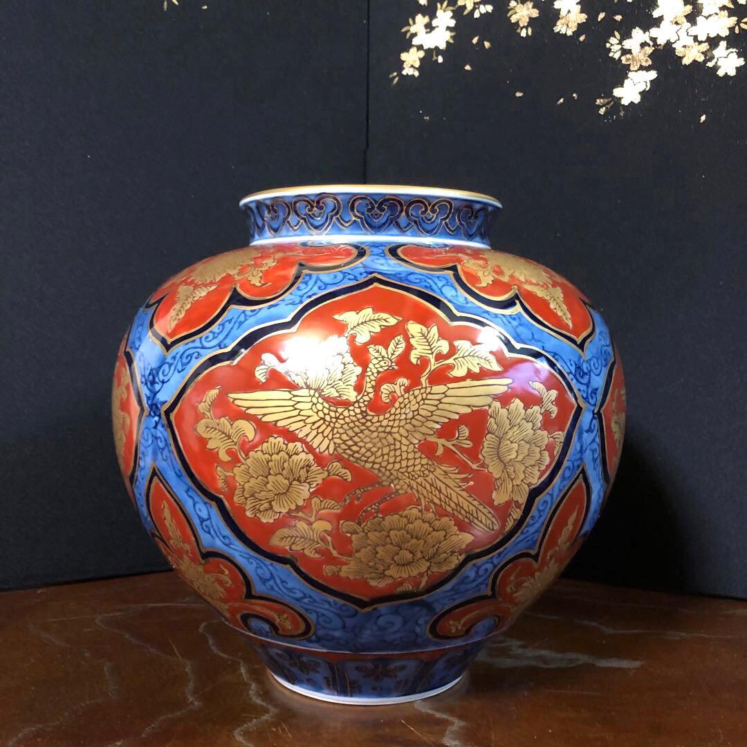 有田焼　花瓶　大　勝山　赤絵描金花鳥柄　共箱