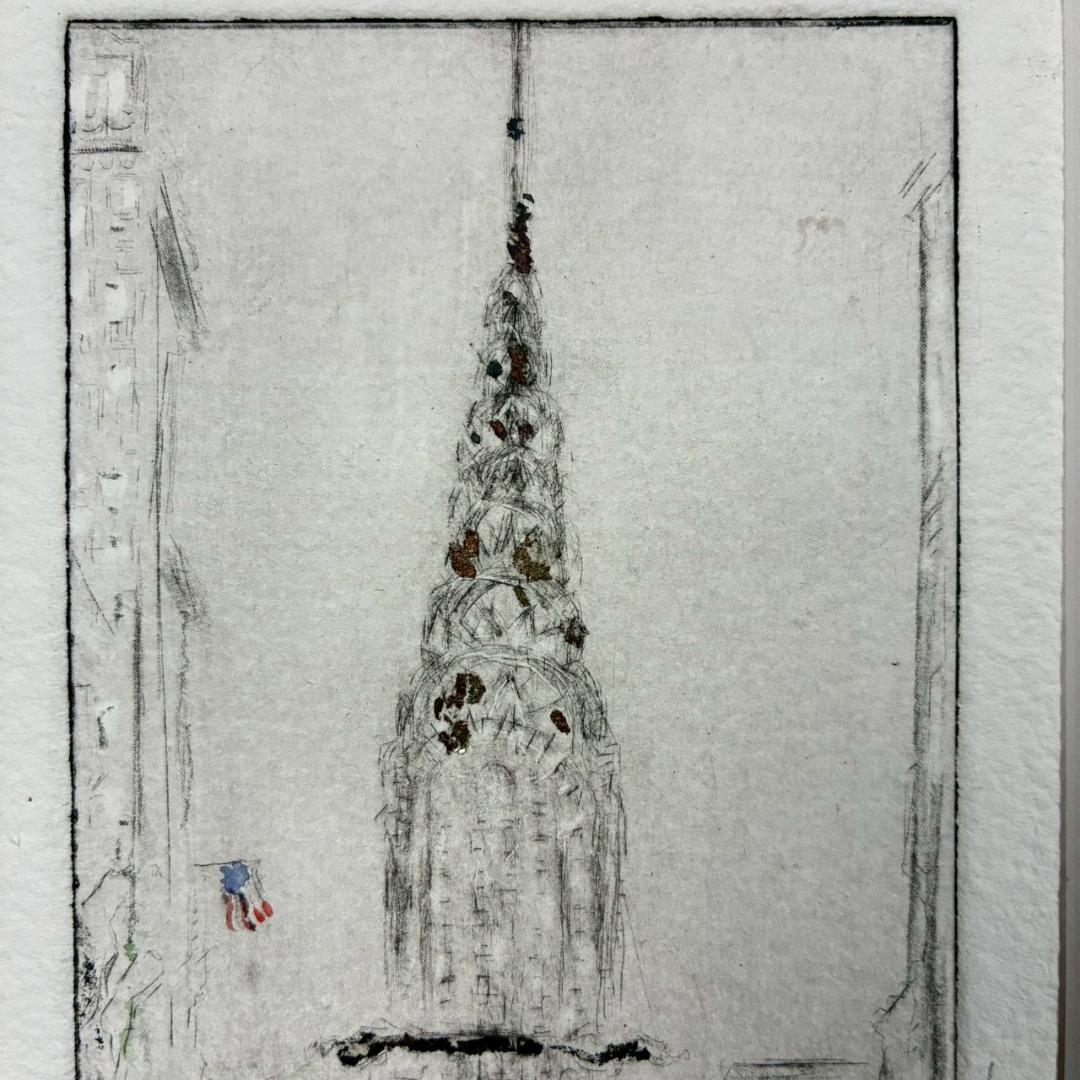 美品 ジョアン・アイザック「ニューヨーククライスラービル」銅版画+手彩 サイン有